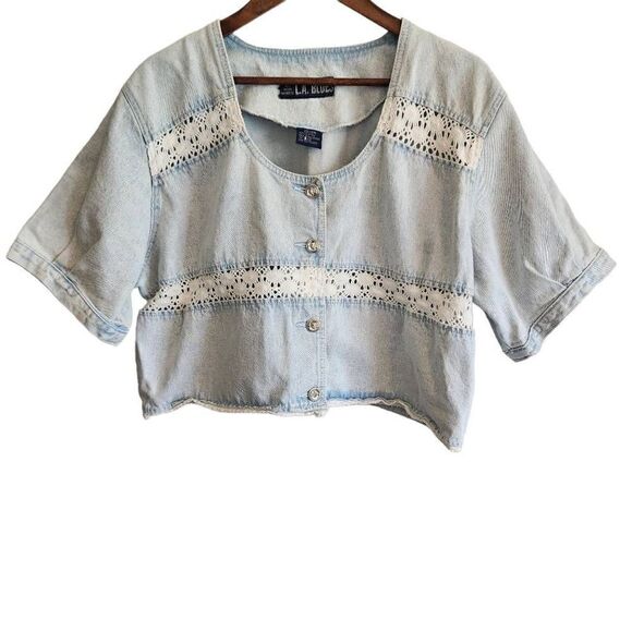 Vintage L.A. Blues Light Wash Denim Crochet Crop Jacket Plus Size 22 - Picture 1 of 4